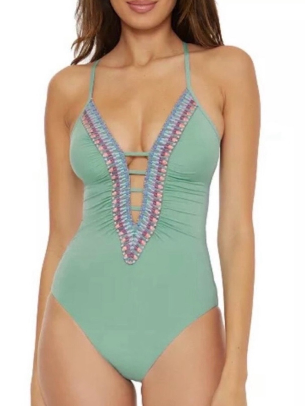 Becca by Rebecca Virtue One Piece Swimsuit Med Teal Plunge Crochet Criss Cross